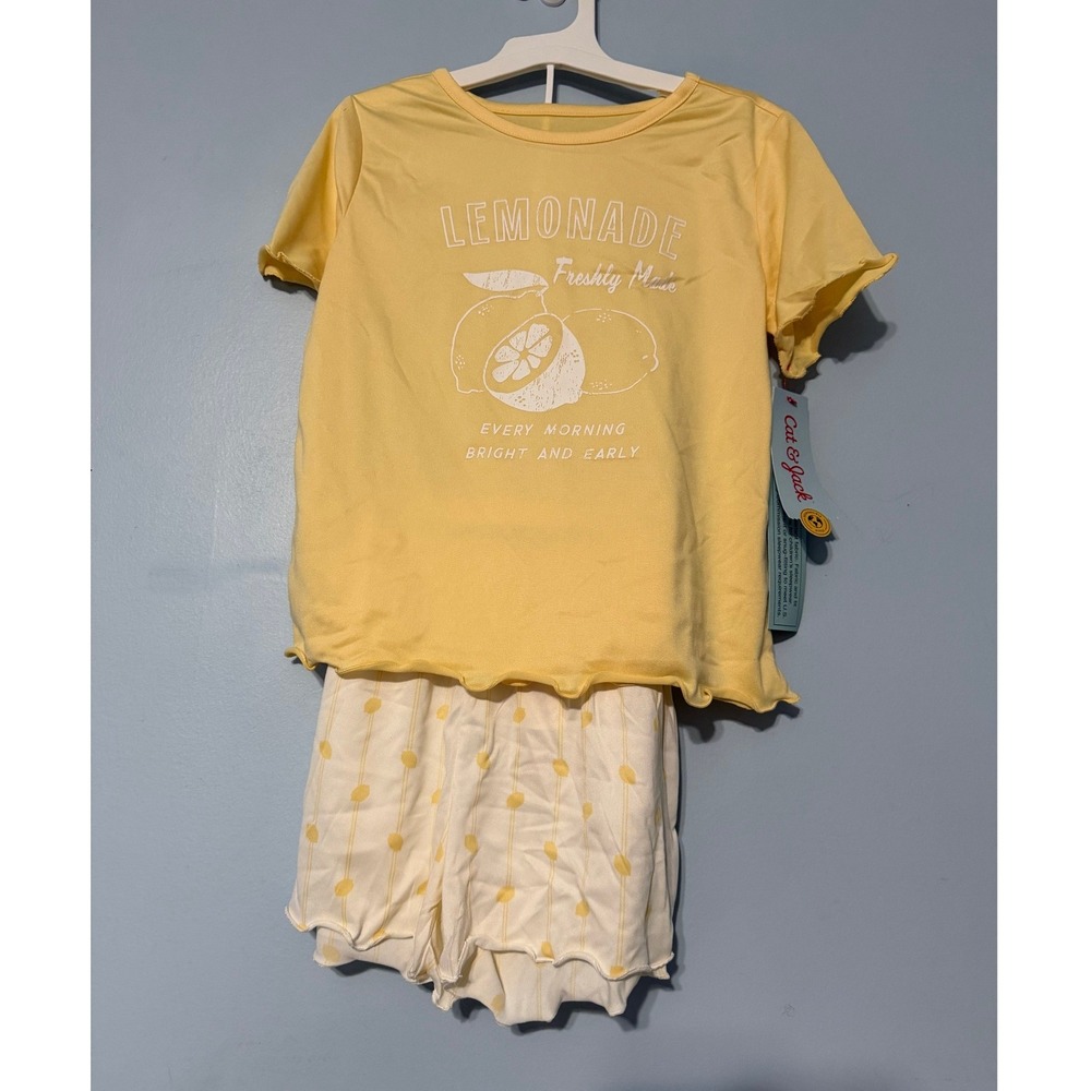Cat & Jack Girl's Small 6/7 Lemonade Pajama Set Yellow Short Sleeve Shorts 2346